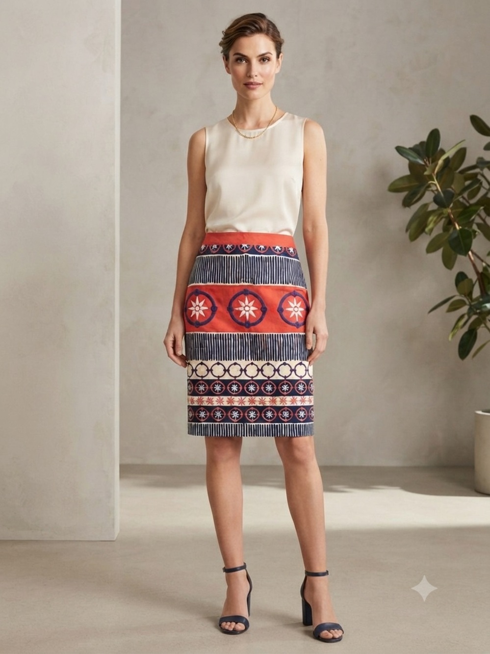 Boden Red, Navy and Cream Patterned Midi Skirt